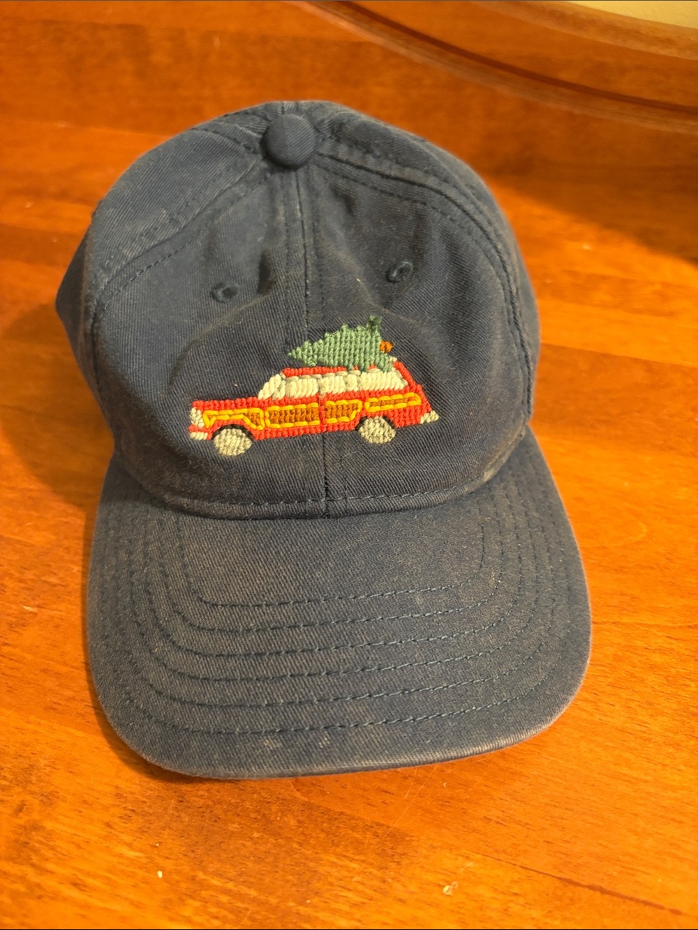 Children's Navy Hat with Embroidered cross stitch Christmas tree Car